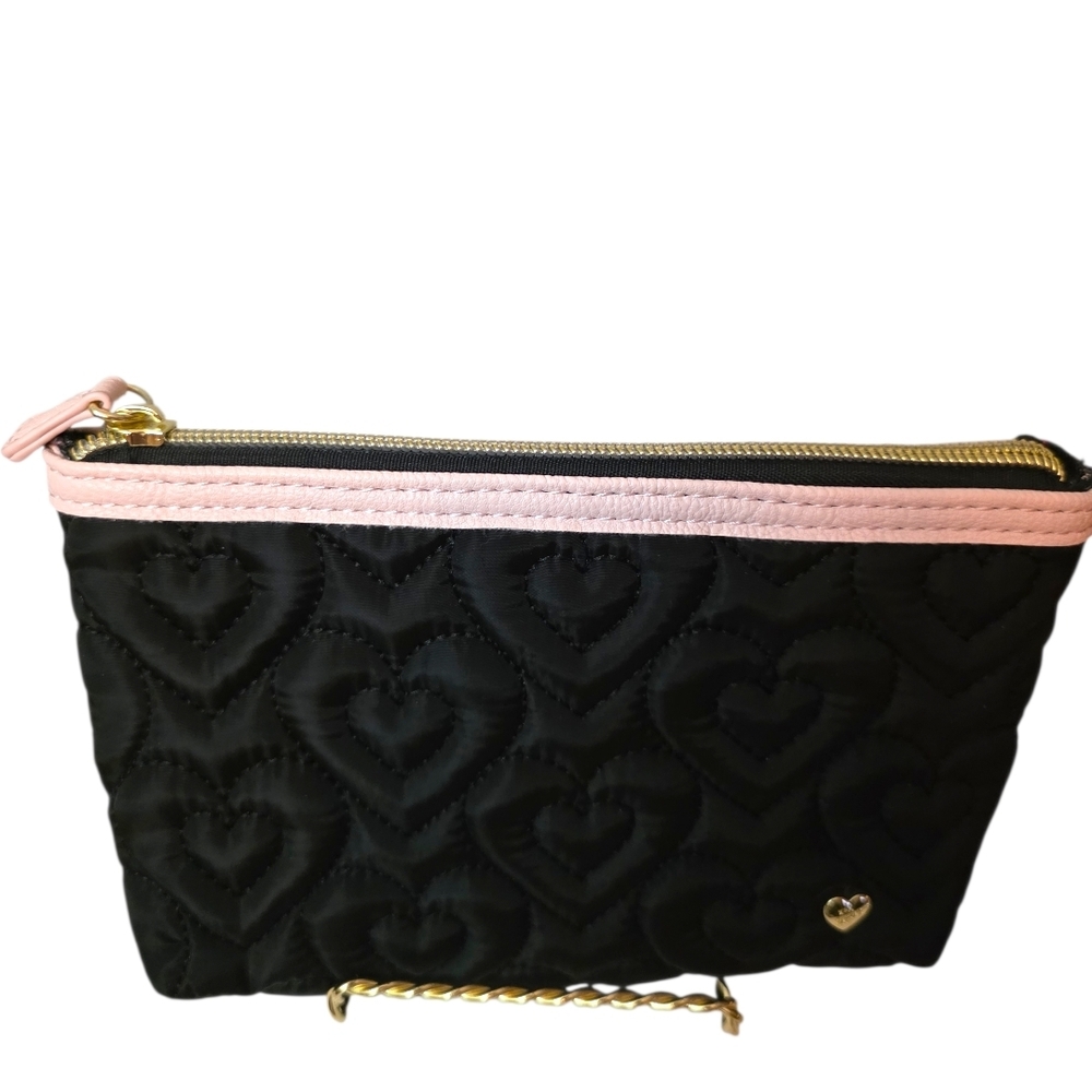 Betsey Johnson Black Heart Quilted Cosmetic Bag Pink Trim Makeup Pouch Travel - Picture 2 of 5